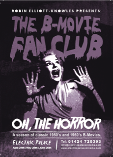 Woman looking scared and holding arms up. text reads: B movie fan club